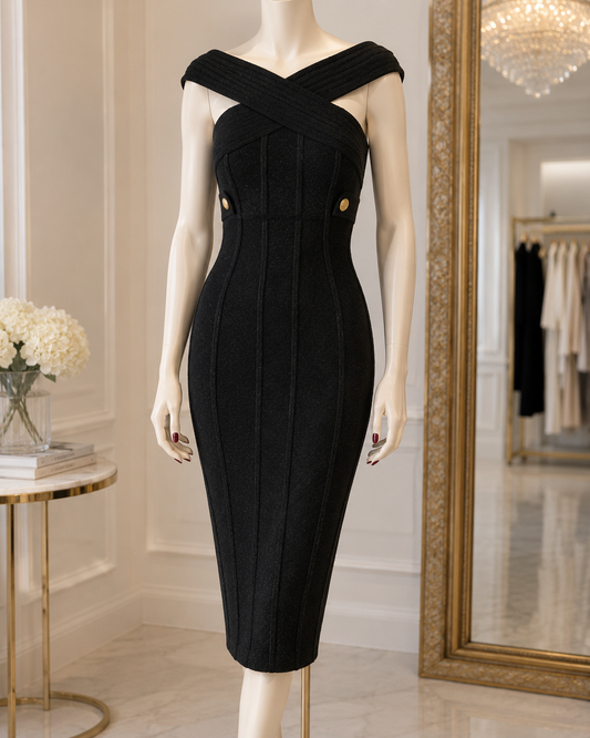 The Celeste Sculpted Cross-Neck Midi Dress