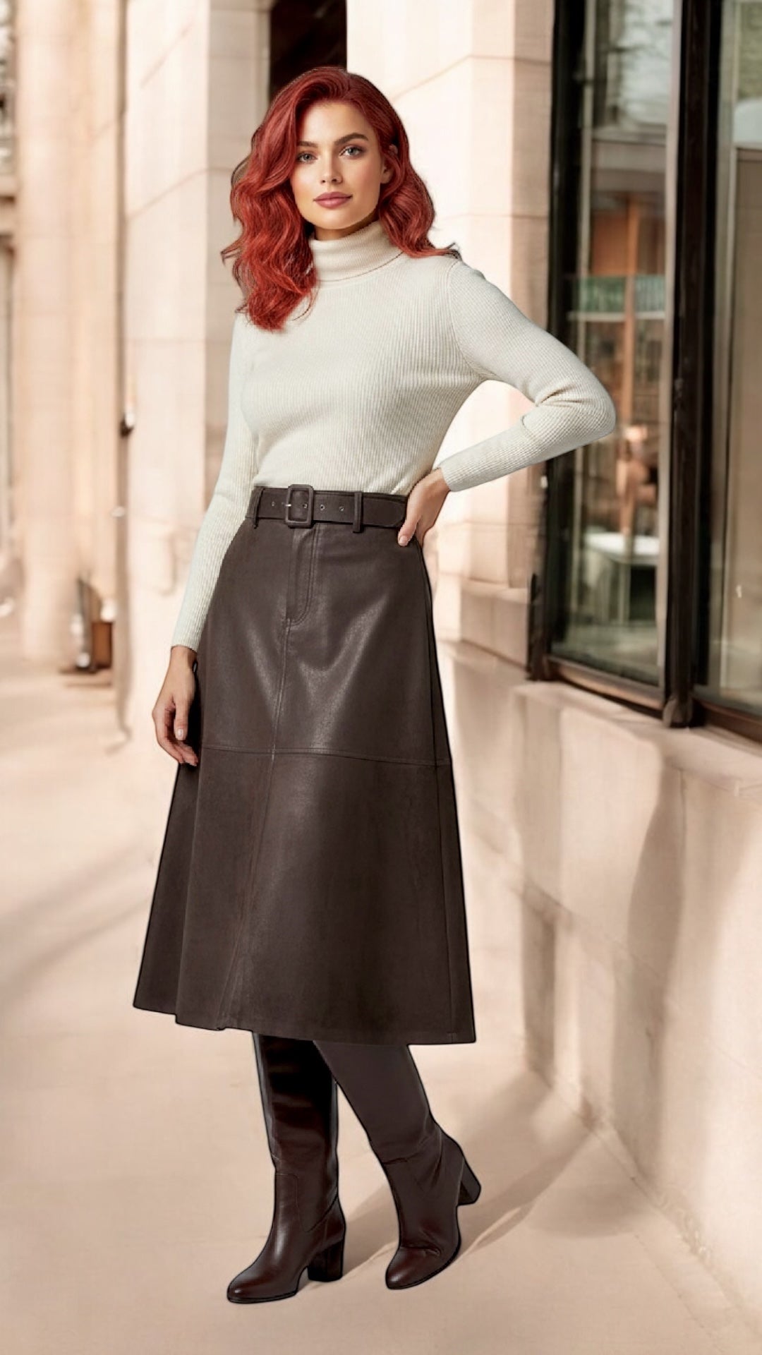 Ladies Coffee Suede Textured Midi Skirt – High-Waisted A-Line Elegant Casual Commuter Skirt