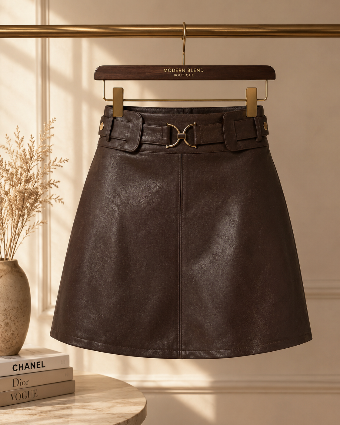 Women’s Belted Faux Leather A-Line Mini Skirt