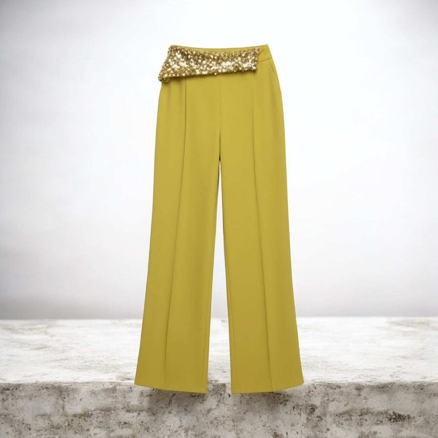 Burgundy High Waist Wide Leg Pants with Sequin Waistband | Elegant Dressy Women’s Trousers