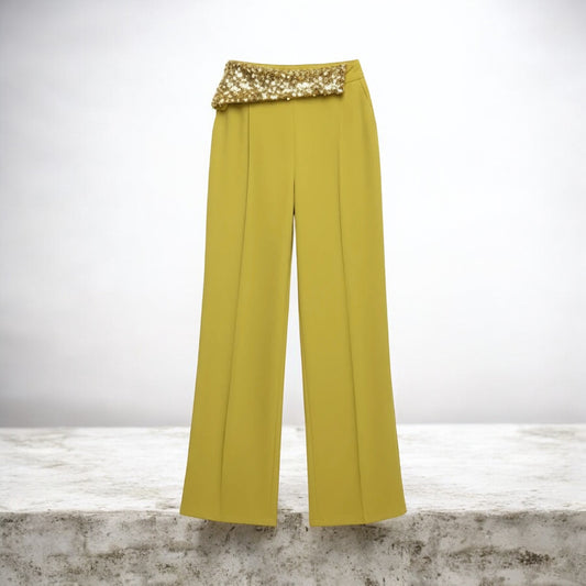 Burgundy High Waist Wide Leg Pants with Sequin Waistband | Elegant Dressy Women’s Trousers