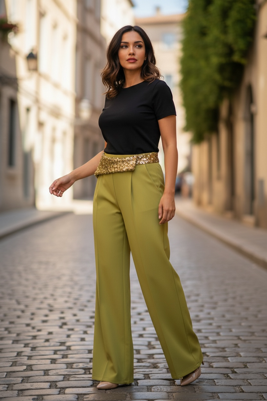 Burgundy High Waist Wide Leg Pants with Sequin Waistband | Elegant Dressy Women’s Trousers