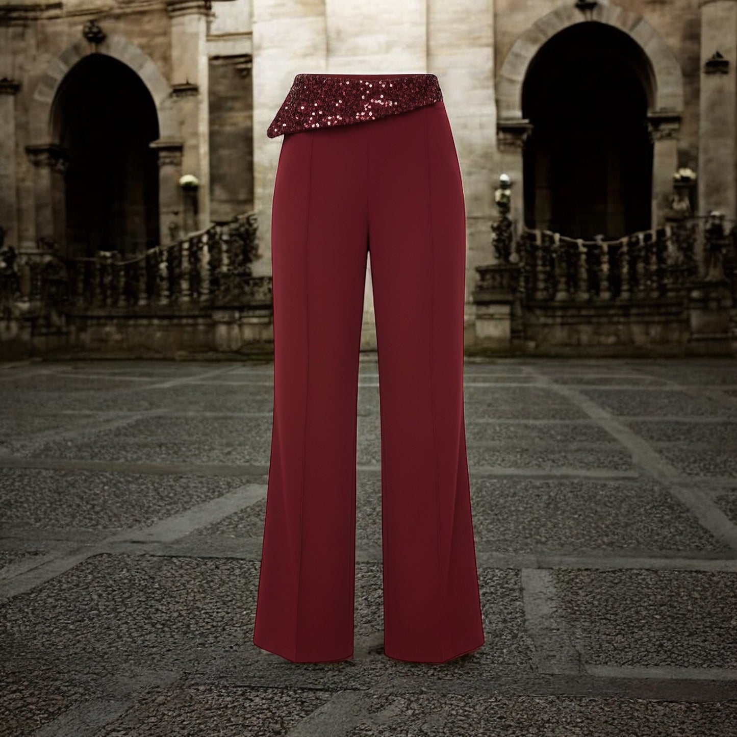 Burgundy High Waist Wide Leg Pants with Sequin Waistband | Elegant Dressy Women’s Trousers