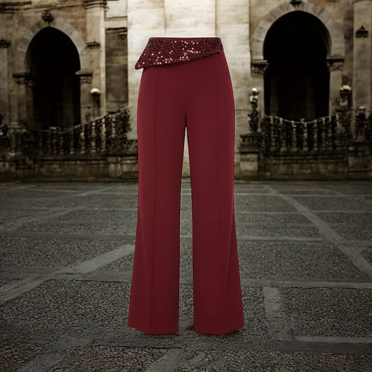Burgundy High Waist Wide Leg Pants with Sequin Waistband | Elegant Dressy Women’s Trousers