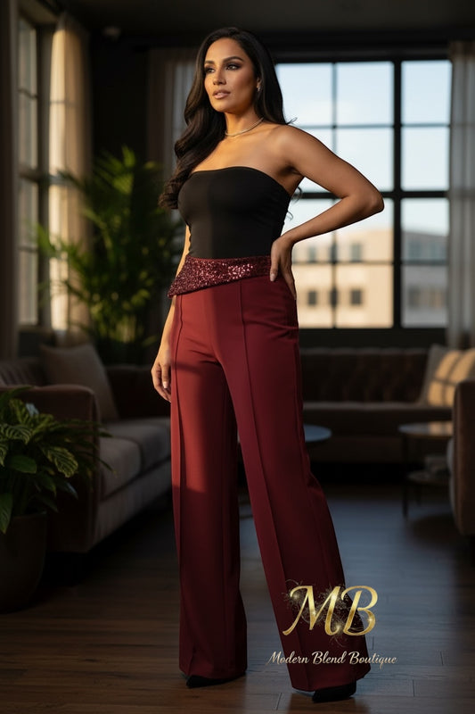 Burgundy High Waist Wide Leg Pants with Sequin Waistband | Elegant Dressy Women’s Trousers