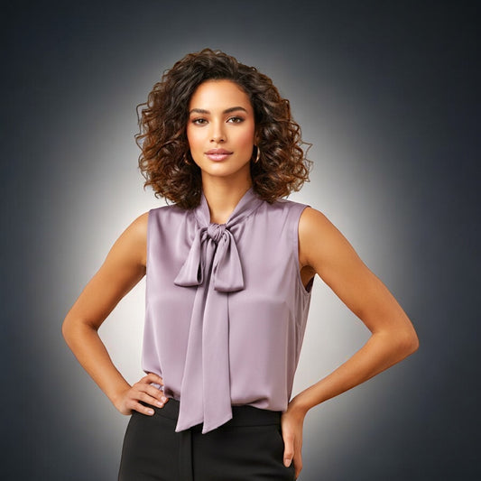 Elegant Sleeveless Bow Tie Blouse – Soft Satin Neck Tie Top for Women