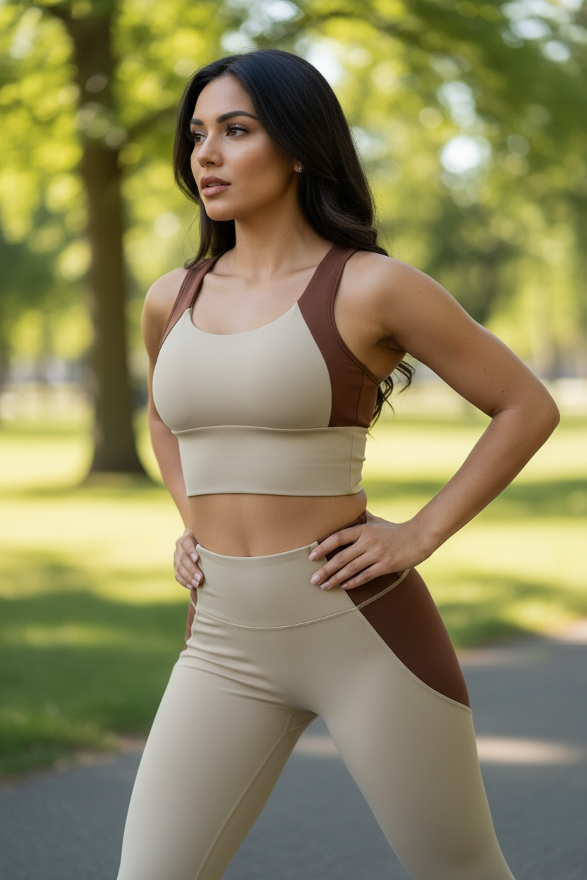 Two-Tone Seamless Sports Bra & High-Waisted Leggings Set – Sculpting Neutral Athleisure Outfit