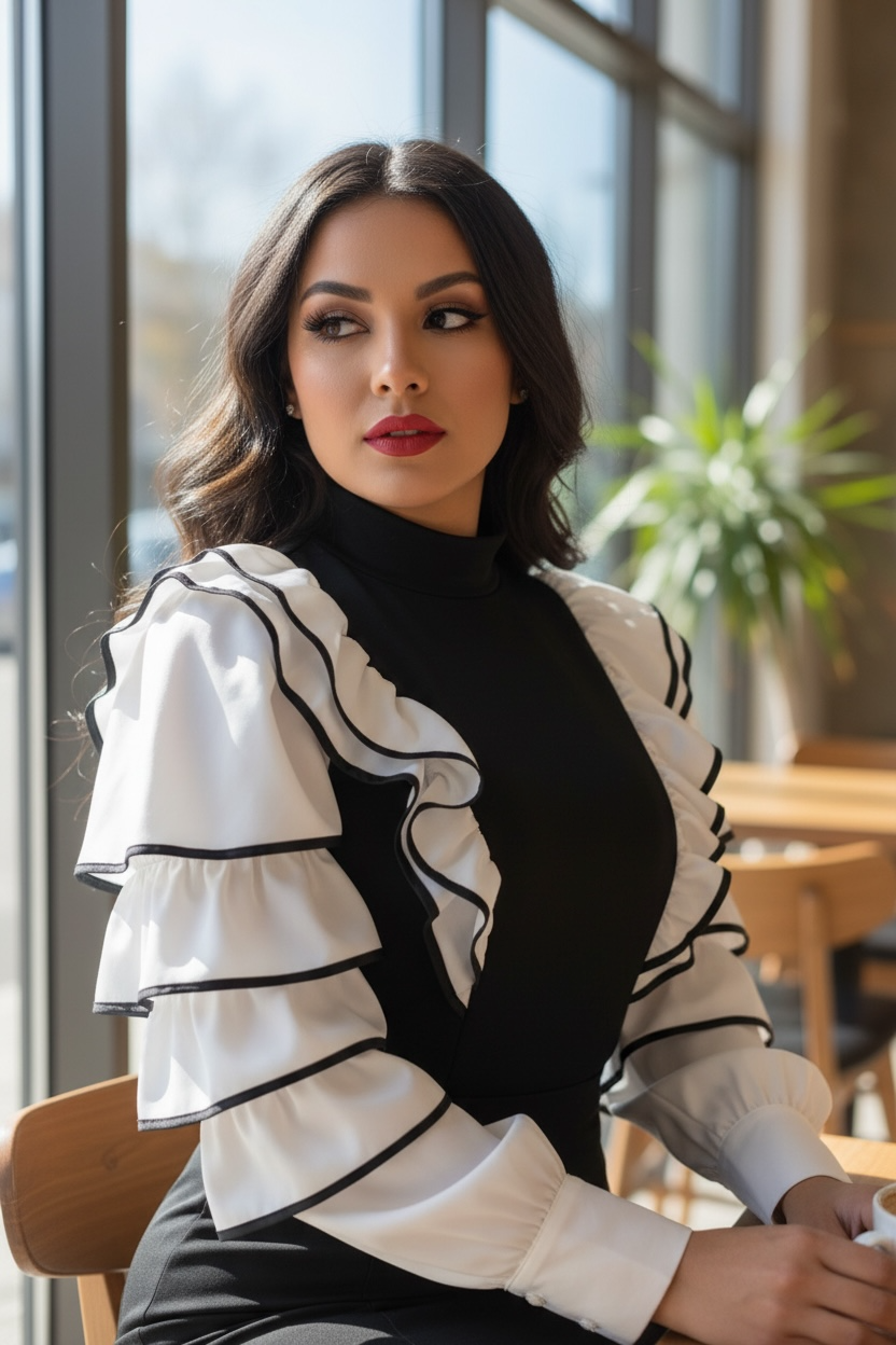 Stylish Turtleneck Spliced Ruffle Blouse for Women – Autumn Casual Pullover Office Shirt