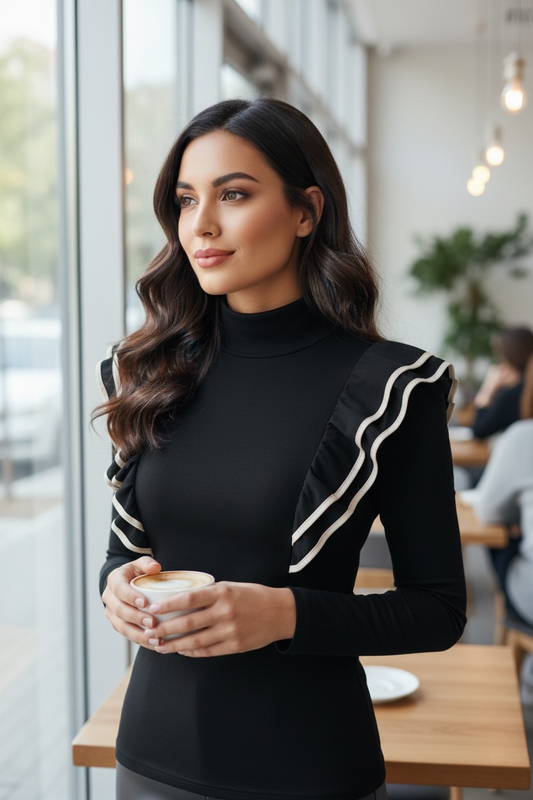 Stylish Turtleneck Spliced Ruffle Blouse for Women – Autumn Casual Pullover Office Shirt