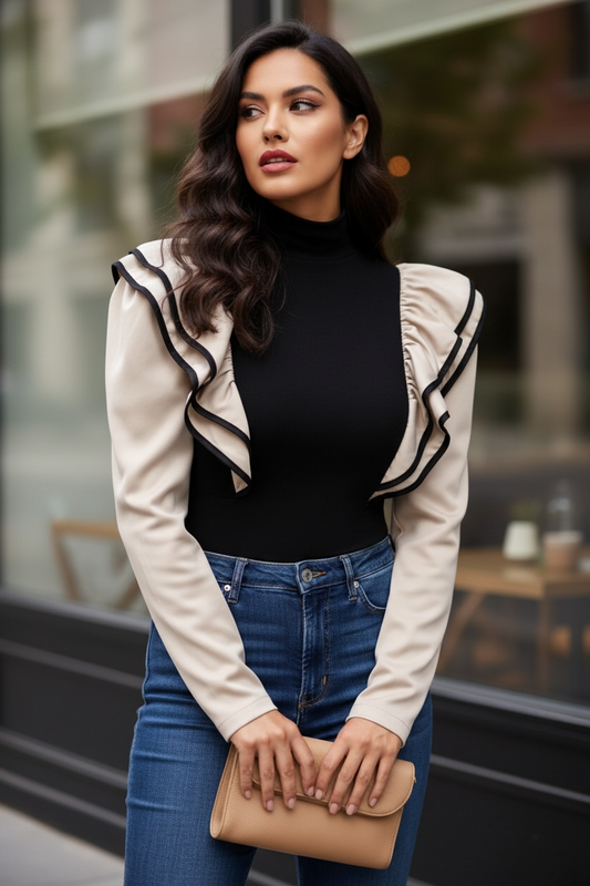 Stylish Turtleneck Spliced Ruffle Blouse for Women – Autumn Casual Pullover Office Shirt