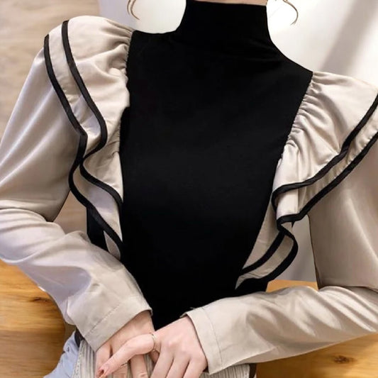 Stylish Turtleneck Spliced Ruffle Blouse for Women – Autumn Casual Pullover Office Shirt