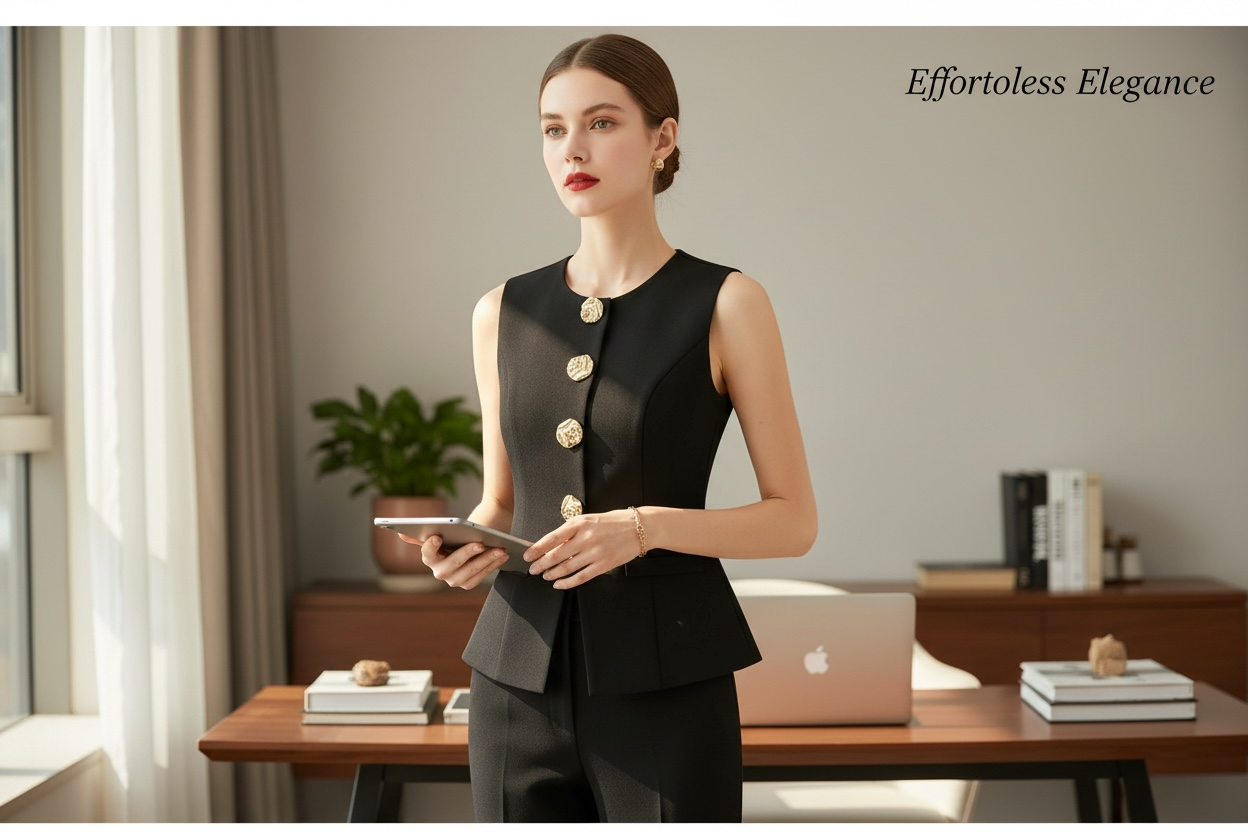 New Plus Size Women’s Sleeveless Vest – Slim Fit Solid Top with Large Metal Buttons | Elegant Formal Cardigan for Special Occasion