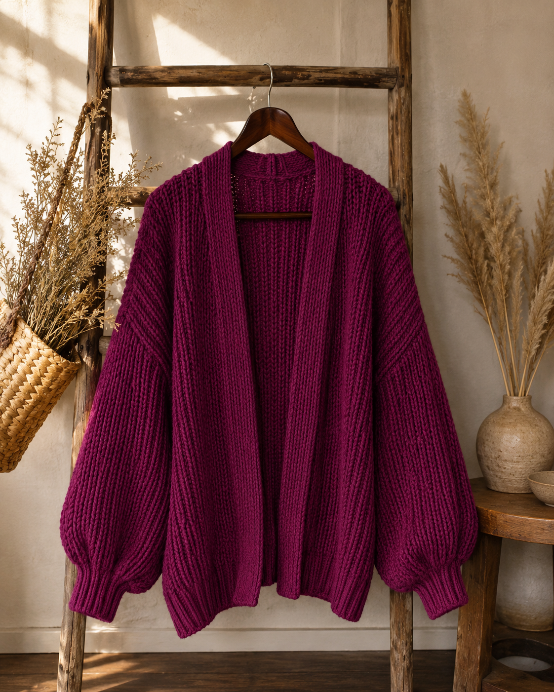 Lantern Sleeve Thick-Knit Cardigan | Timeless Elegance Knit
