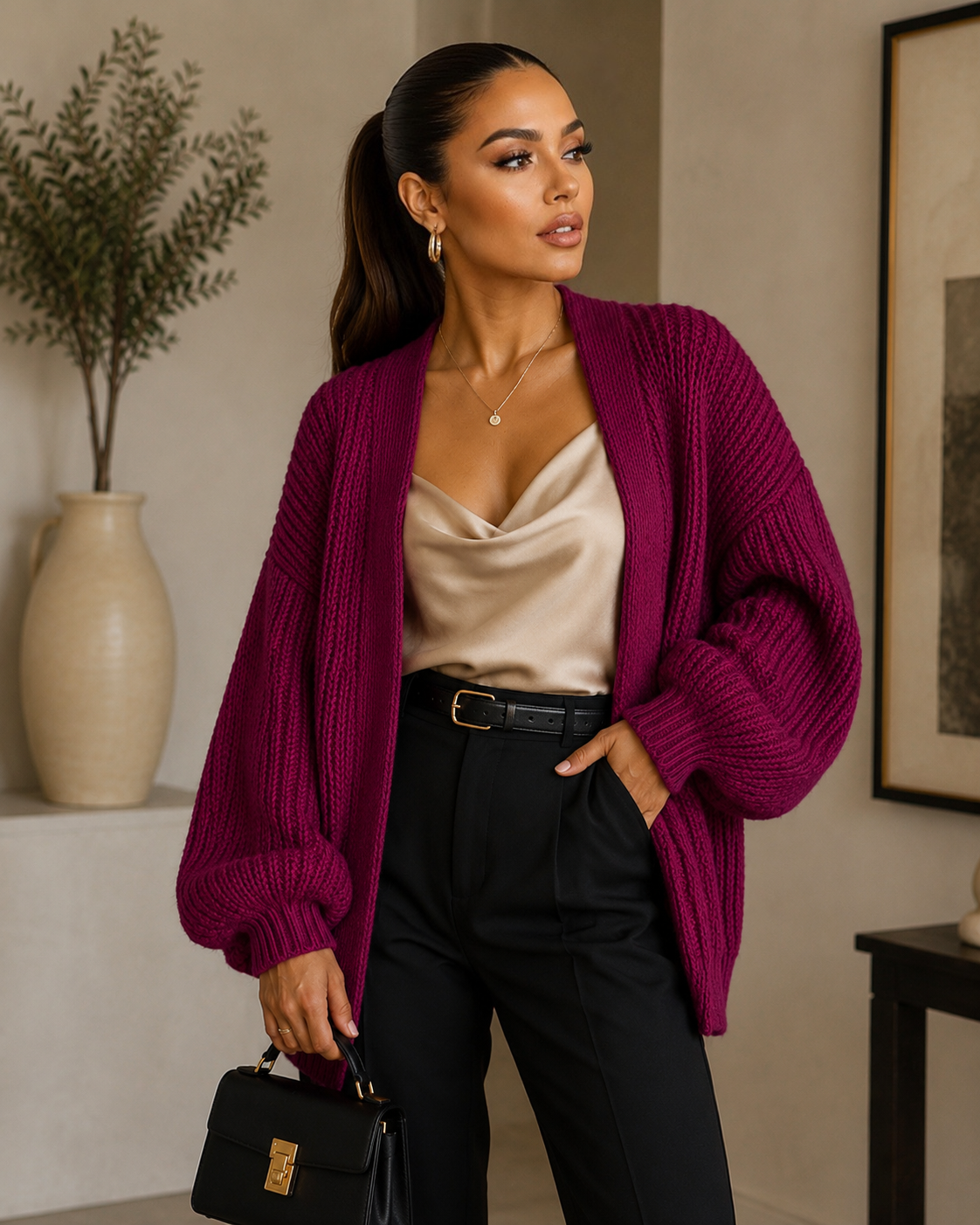 Women’s Oversized Chunky Knit Cardigan – Open Front Balloon Sleeve Sweater