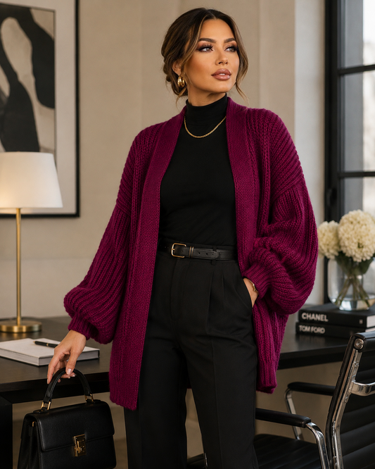 Lantern Sleeve Thick-Knit Cardigan | Timeless Elegance Knit