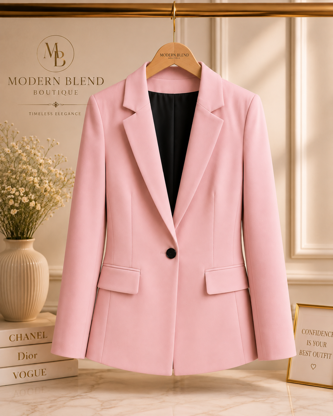 Timeless Tailored Shoulder Pad Blazer | Women’s Slim Fit Single Button French Suit Jacket | Office & Business Chic