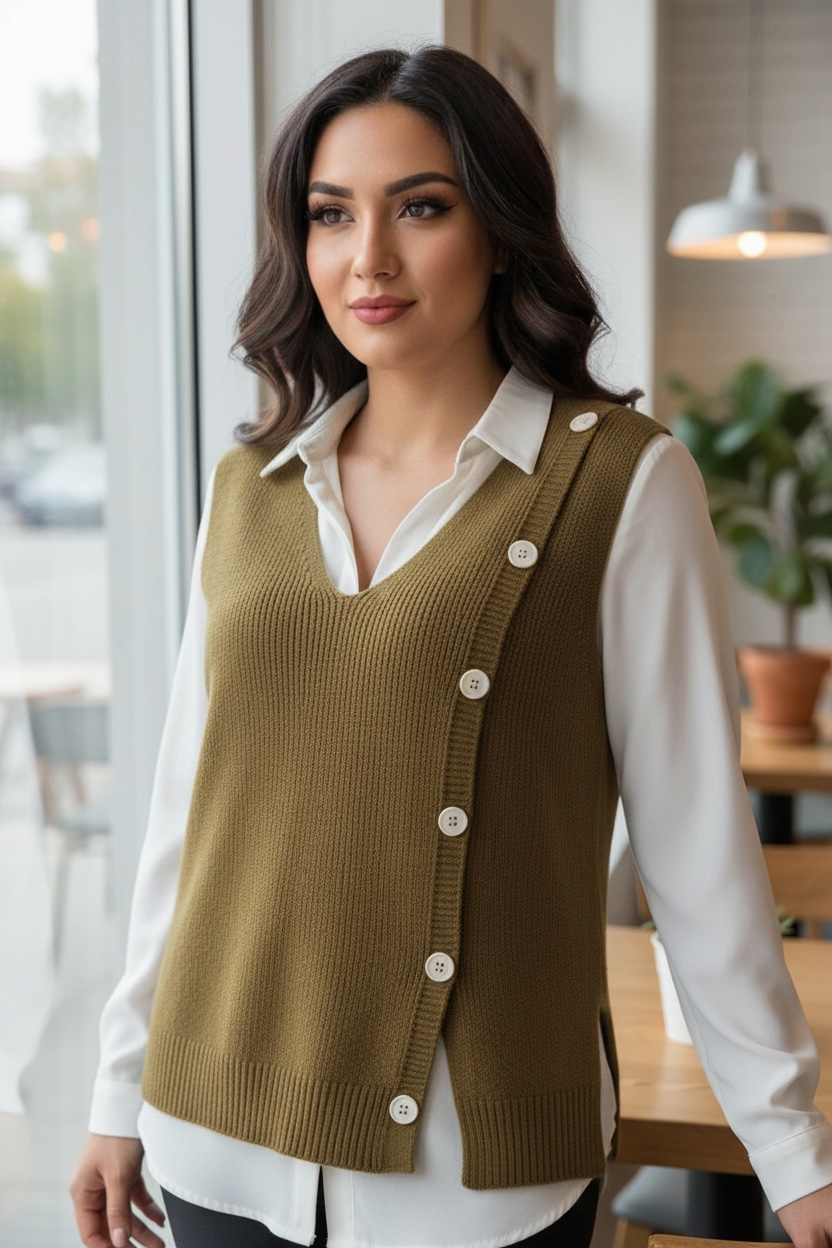 Knitted Vest for Women Autumn 2025 – Loose Fit Thin Short Sweater Vest with Horse Clip Button | Fashion Layered Knit Vest
