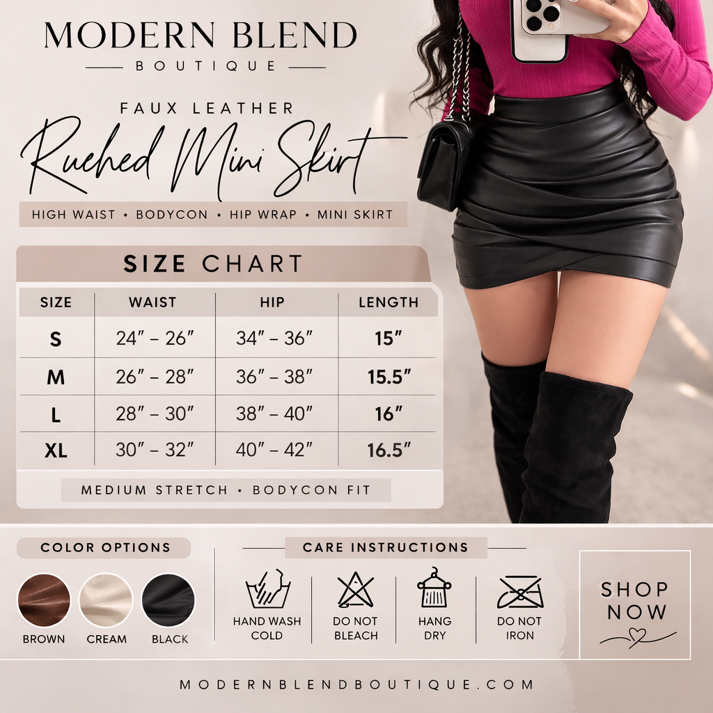 Women’s Faux Leather Ruched Mini Skirt – High Waist Bodycon Hip Wrap Club Skirt