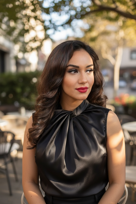 Women’s Satin Twist-Neck Sleeveless Blouse – Elegant Draped Office & Occasion Top