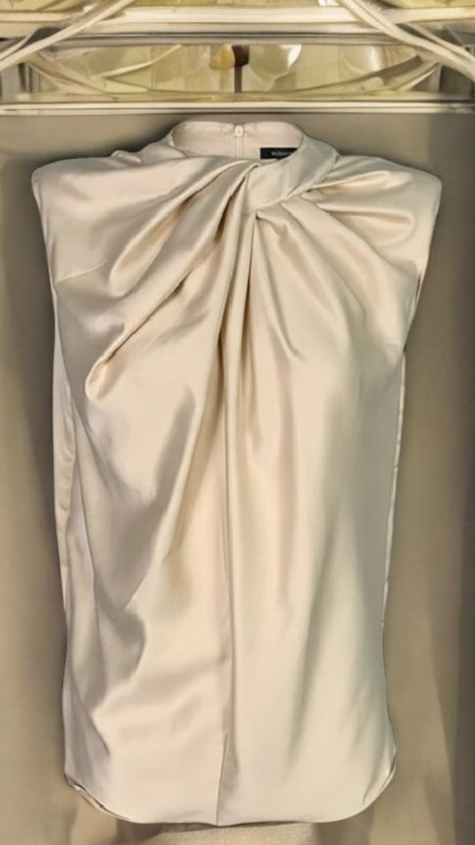 Women’s Satin Twist-Neck Sleeveless Blouse – Elegant Draped Office & Occasion Top
