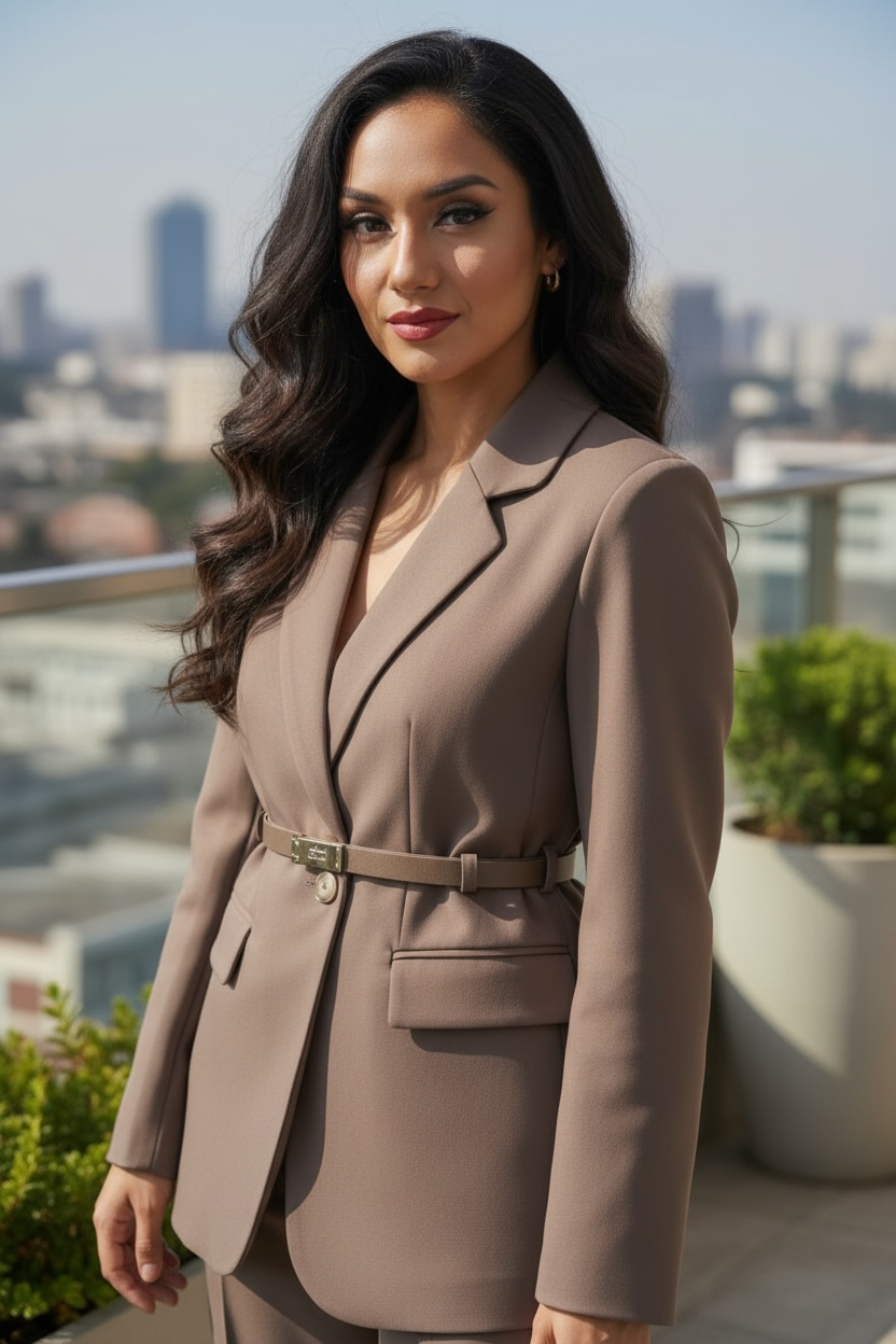 Women’s Belted Tailored Blazer – Elegant Long Sleeve Cream Office Jacket