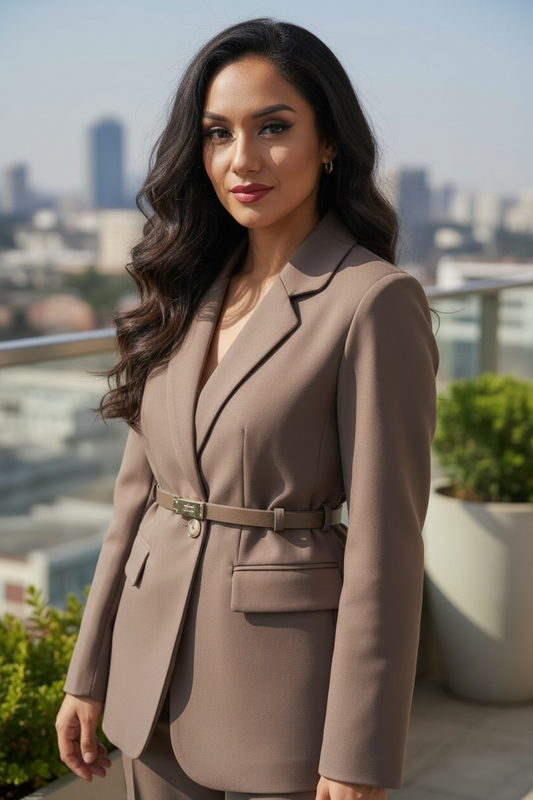 Women’s Belted Tailored Blazer – Elegant Long Sleeve Cream Office Jacket