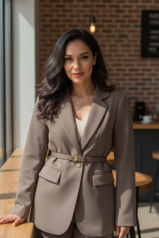 Women’s Belted Tailored Blazer – Elegant Long Sleeve Cream Office Jacket