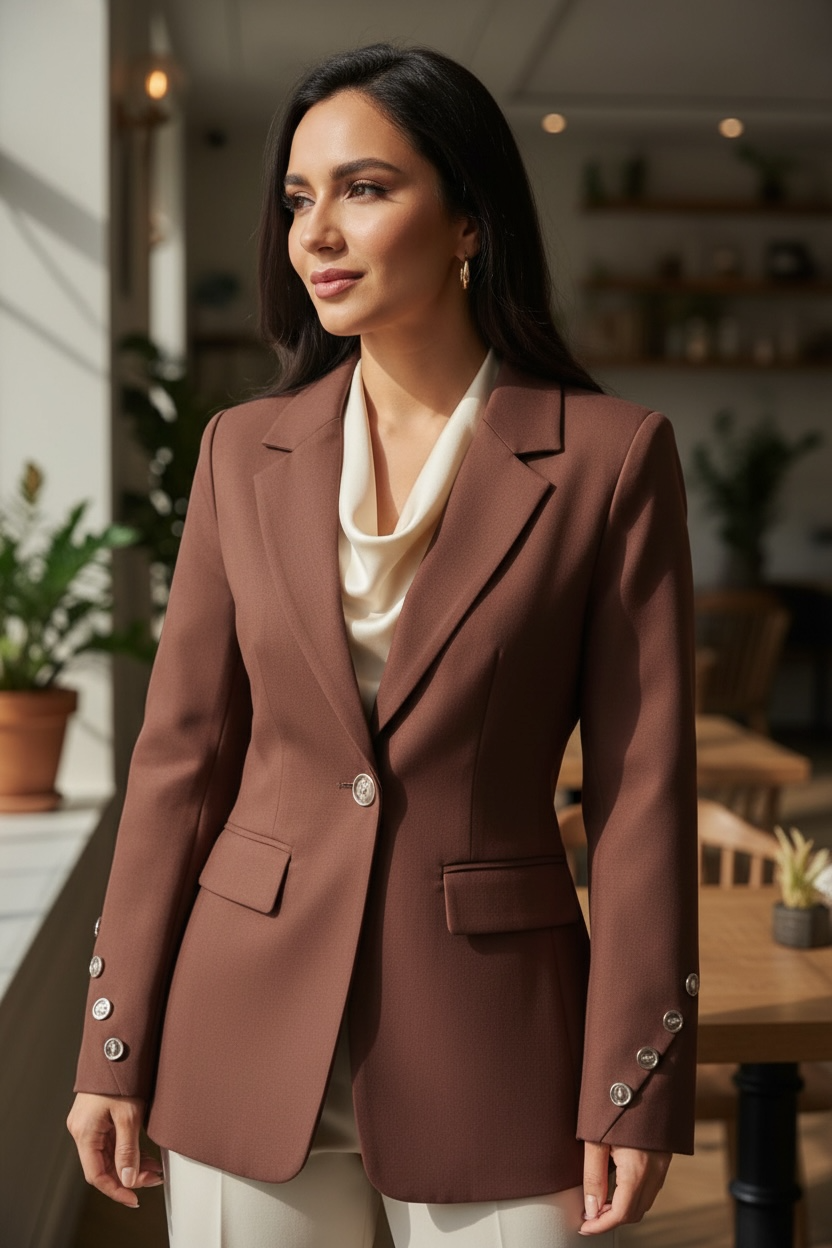 Women’s Tailored Burgundy Blazer – Single Button Long Sleeve Office & Chic Wear Jacket