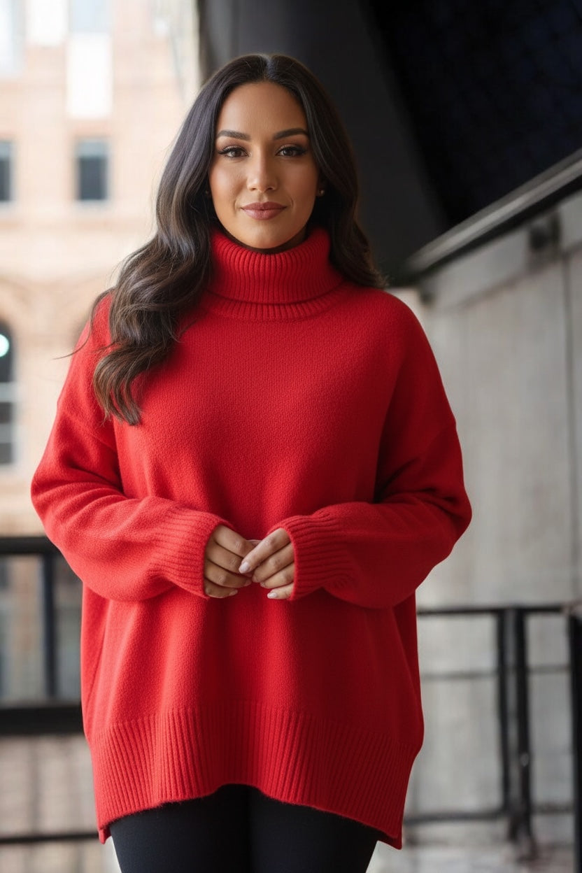 Women’s Red Turtleneck Sweater – Classic Long Sleeve Slim Fit Knit Pullover