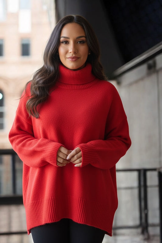 Women’s Red Turtleneck Sweater – Classic Long Sleeve Slim Fit Knit Pullover