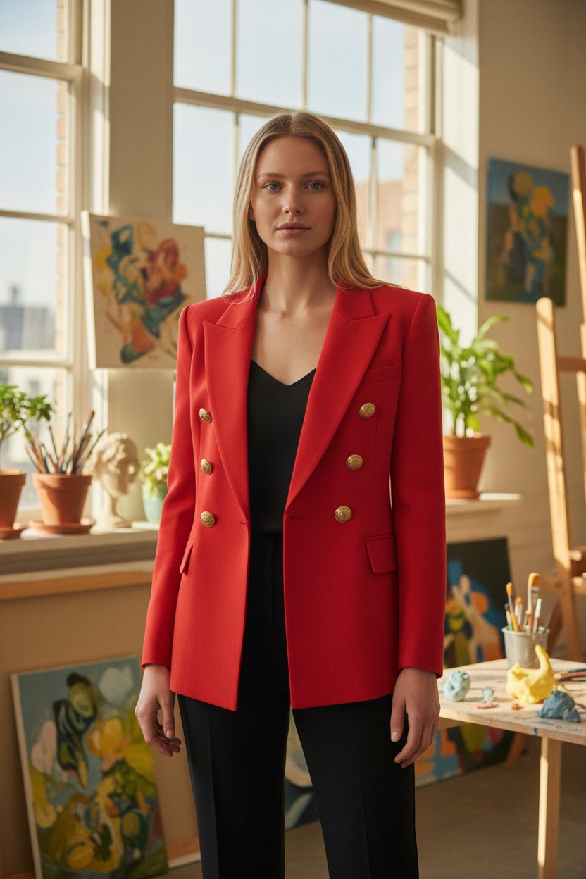 Women’s Luxury Colored Double-Breasted Blazer with Gold Buttons | Tailored Chic Statement Jacket