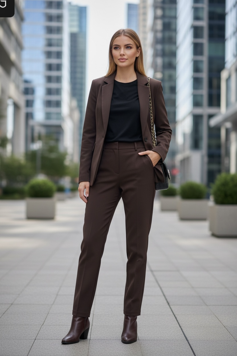 Women’s Chocolate Brown Tailored Blazer – Single-Button Notched Collar Jacket | Elegant Office & Casual Chic Outerwear
