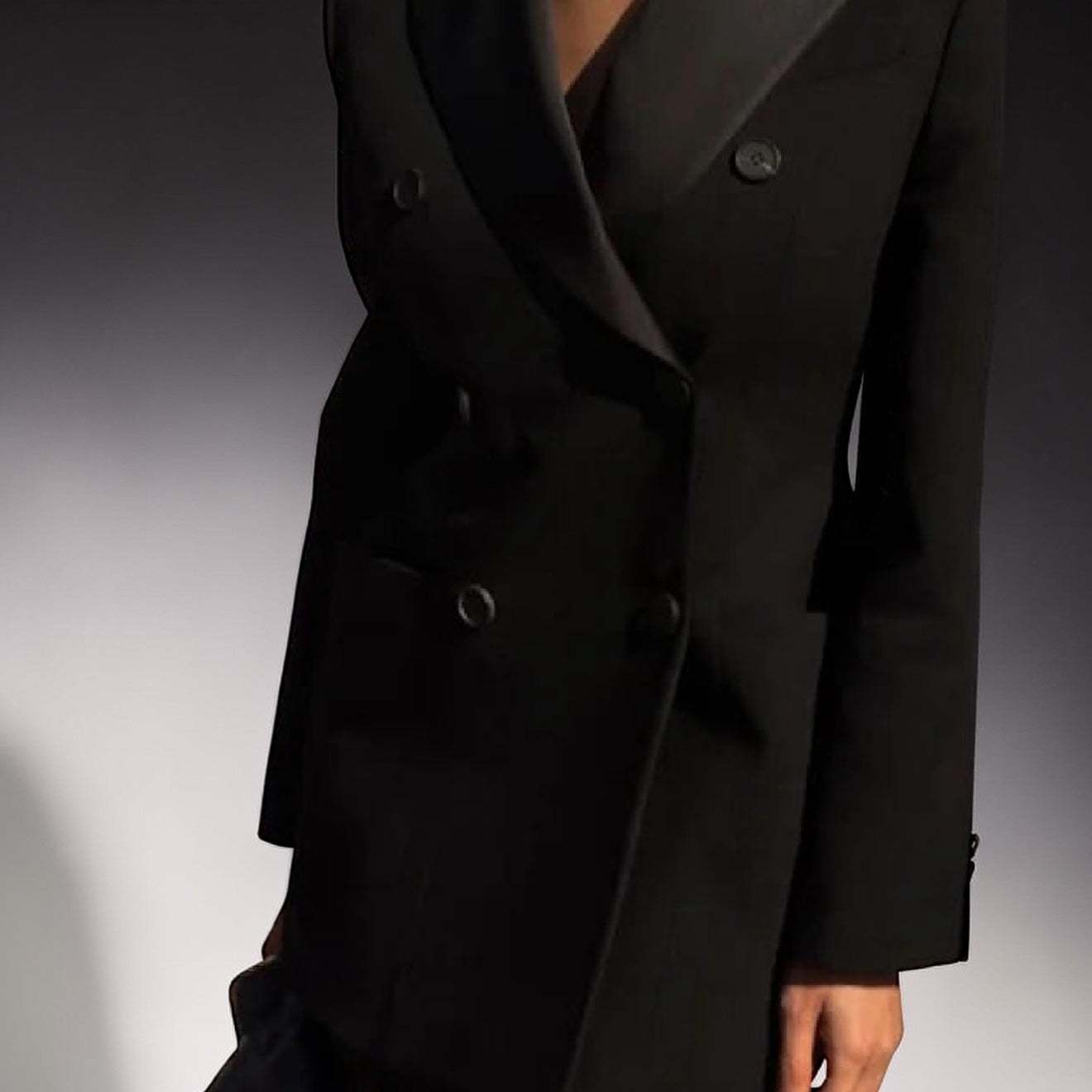 Black Tailored Blazer Dress – Double Breasted Satin Lapel Mini Dress