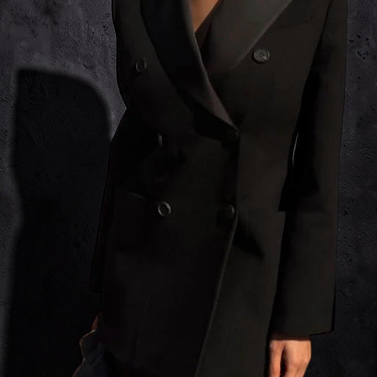 Black Tailored Blazer Dress – Double Breasted Satin Lapel Mini Dress