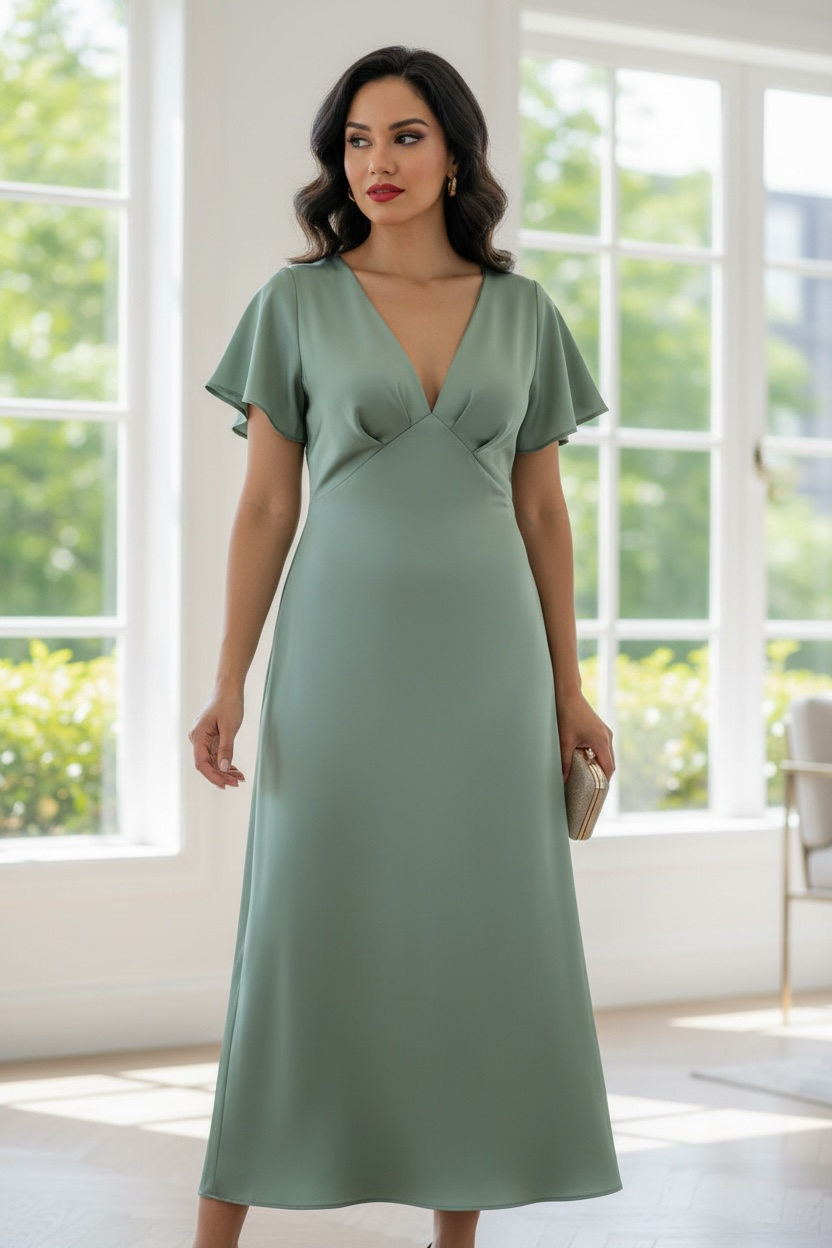 Elegant Sage Green V-Neck Midi Dress for Women | Short Sleeve Empire Waist Casual & Occasion Dress