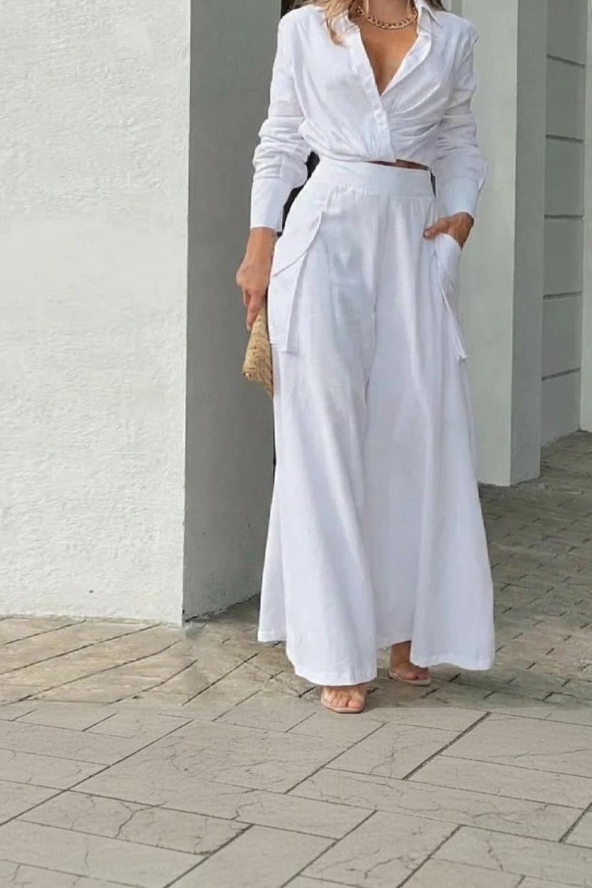 Women’s Satin Two-Piece Set – Long Sleeve Button Blouse & High-Waist Wide Leg Pants | Elegant Neutral Outfit