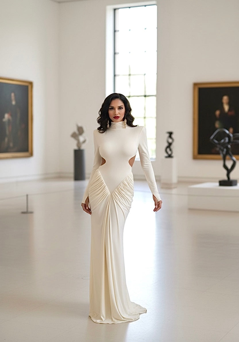 Elegant Ivory Long Sleeve Cut-Out Maxi Dress – High Neck Ruched Bodycon Evening Gown for Women