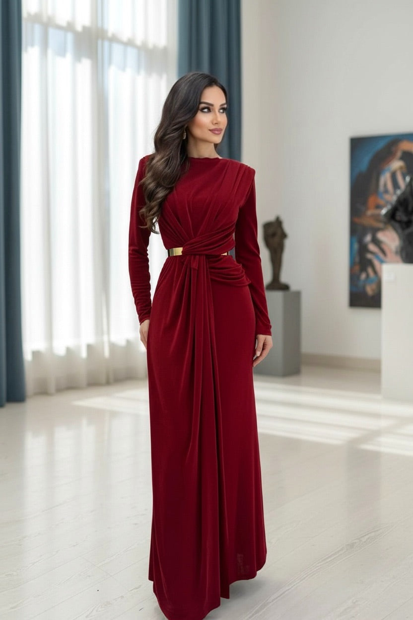 Elegant Burgundy Long Sleeve Ruched Maxi Dress – High Waist Formal Evening Gown for Women