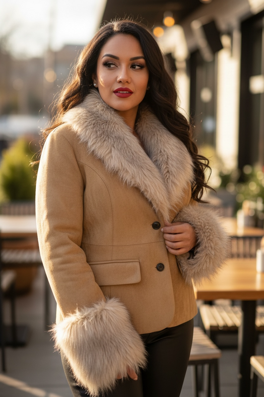 Women’s Suede Jacket with Faux Fur Collar & Cuffs – Luxury Camel Winter Boutique Coat