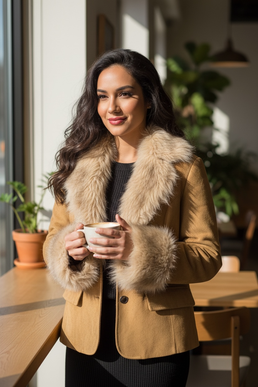 Women’s Suede Jacket with Faux Fur Collar & Cuffs – Luxury Camel Winter Boutique Coat