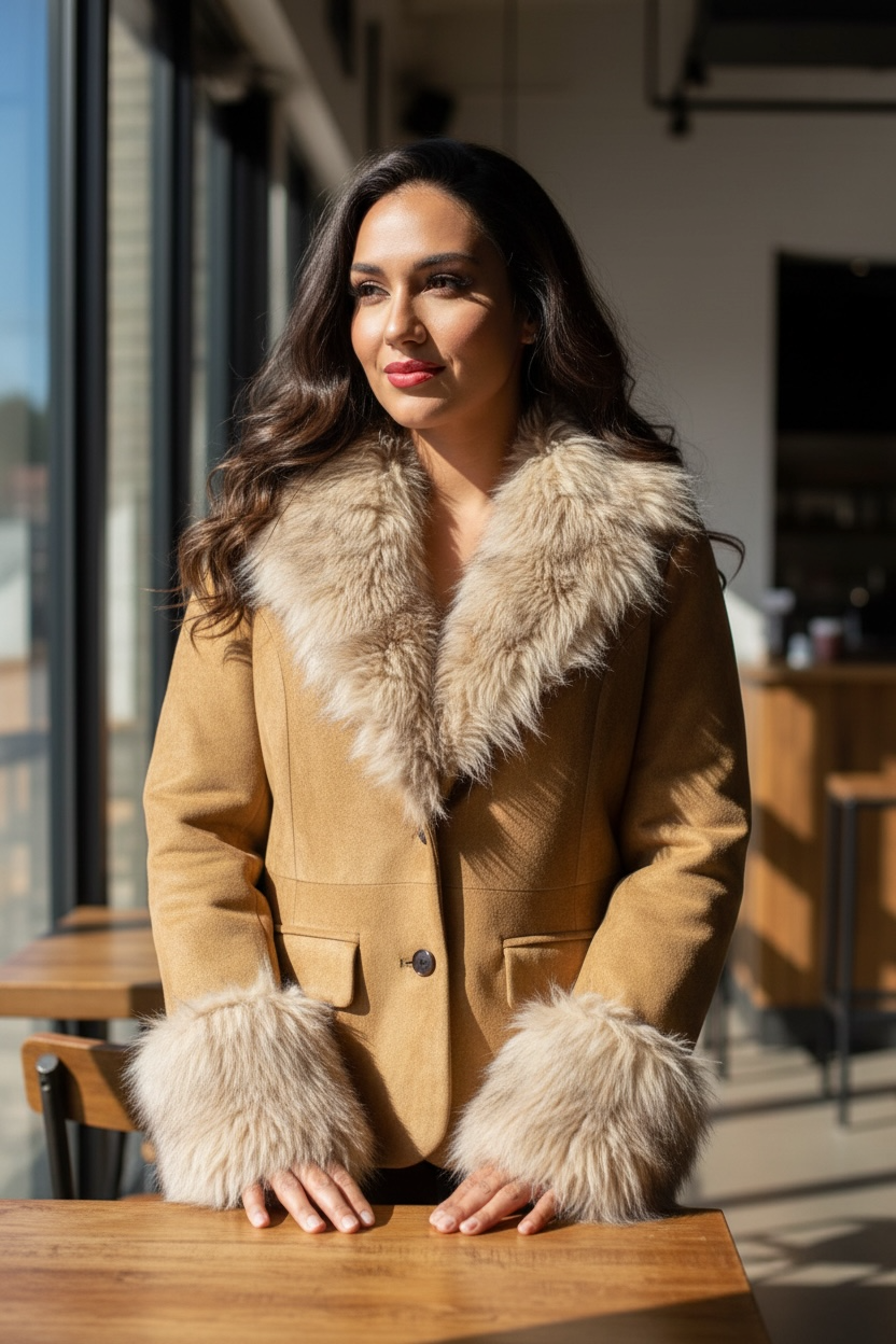Women’s Suede Jacket with Faux Fur Collar & Cuffs – Luxury Camel Winter Boutique Coat