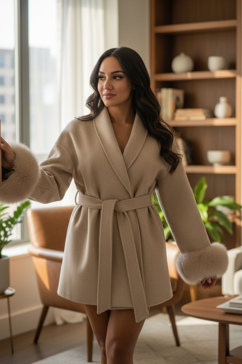 Women’s Luxury Belted Coat with Faux Fur Cuffs – Elegant Winter Outerwear | Chic Boutique Coat