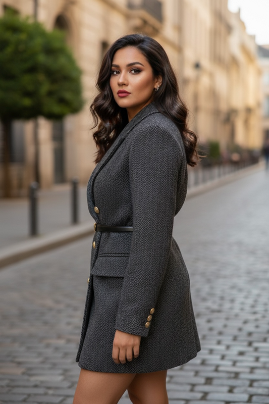 Women’s Gray Herringbone Belted Blazer Coat – Double-Breasted Tailored Boutique Outerwear