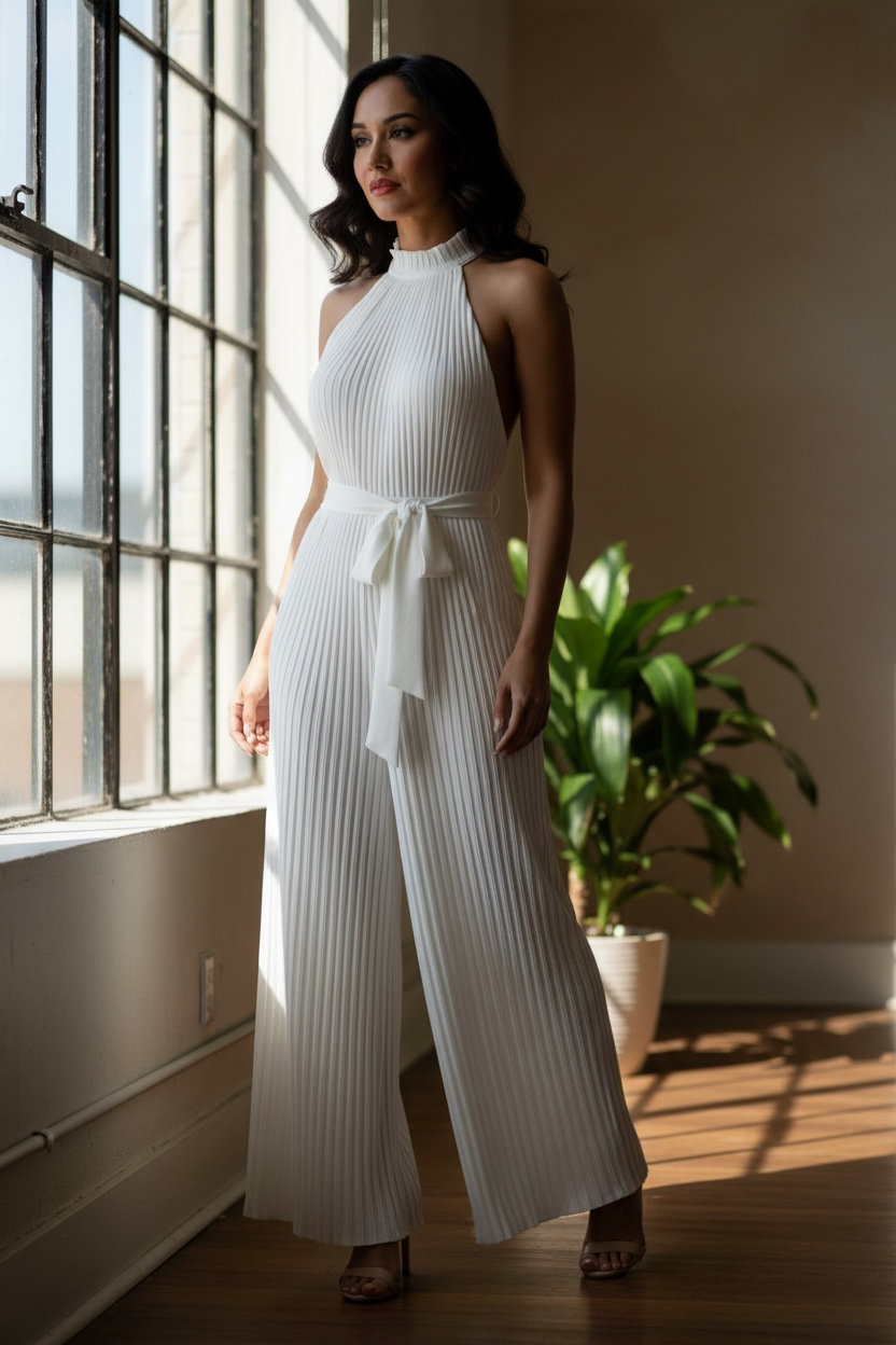 Black Ribbed Halter Neck Jumpsuit for Women – High Waist Wide Leg Sleeveless Jumpsuit with Tie Belt | Elegant Boutique Style