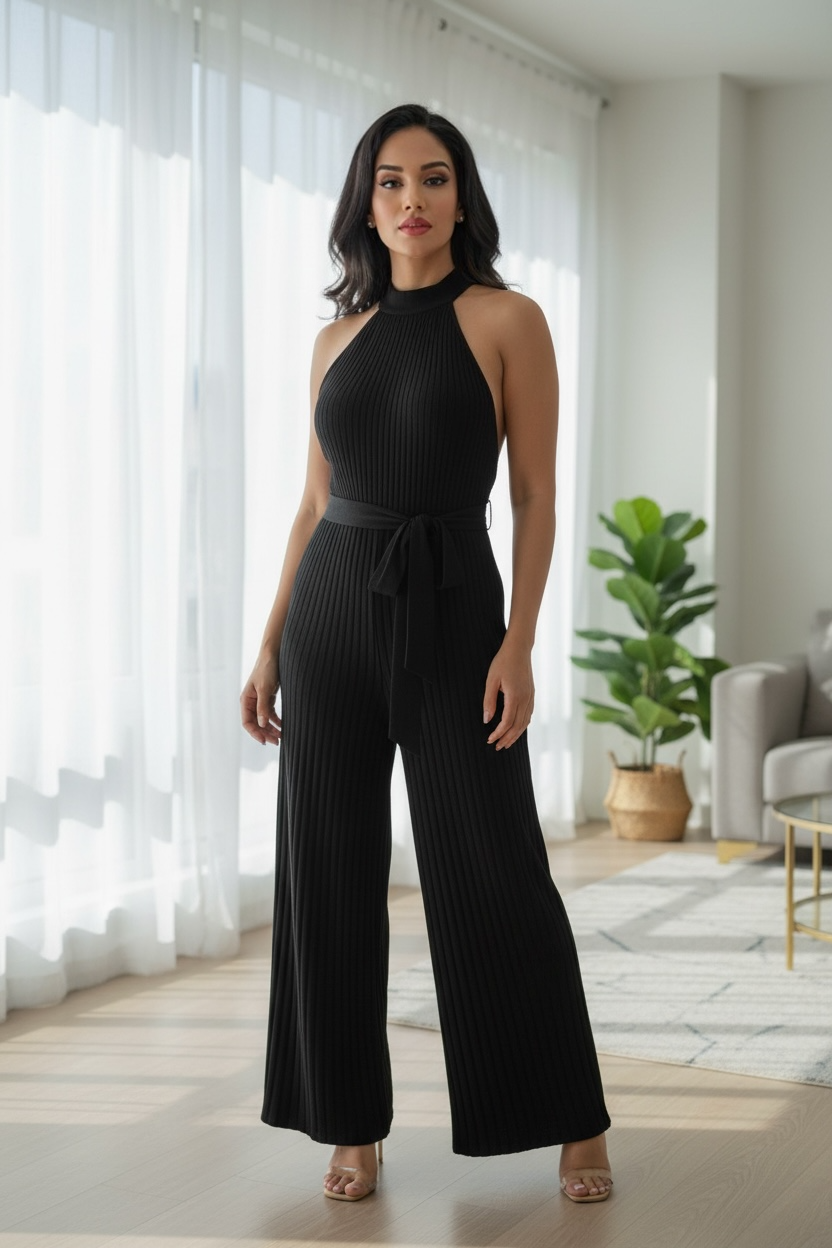 Black Ribbed Halter Neck Jumpsuit for Women – High Waist Wide Leg Sleeveless Jumpsuit with Tie Belt | Elegant Boutique Style