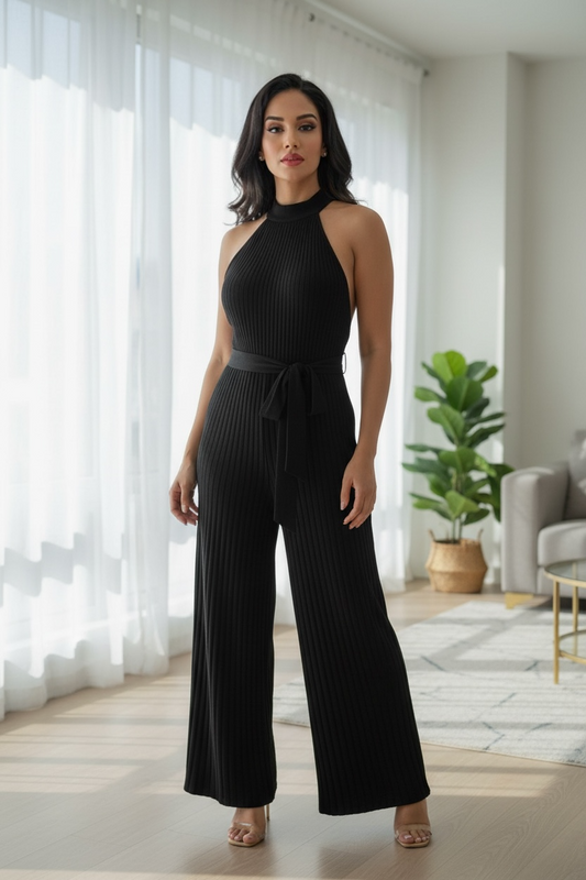 Black Ribbed Halter Neck Jumpsuit for Women – High Waist Wide Leg Sleeveless Jumpsuit with Tie Belt | Elegant Boutique Style