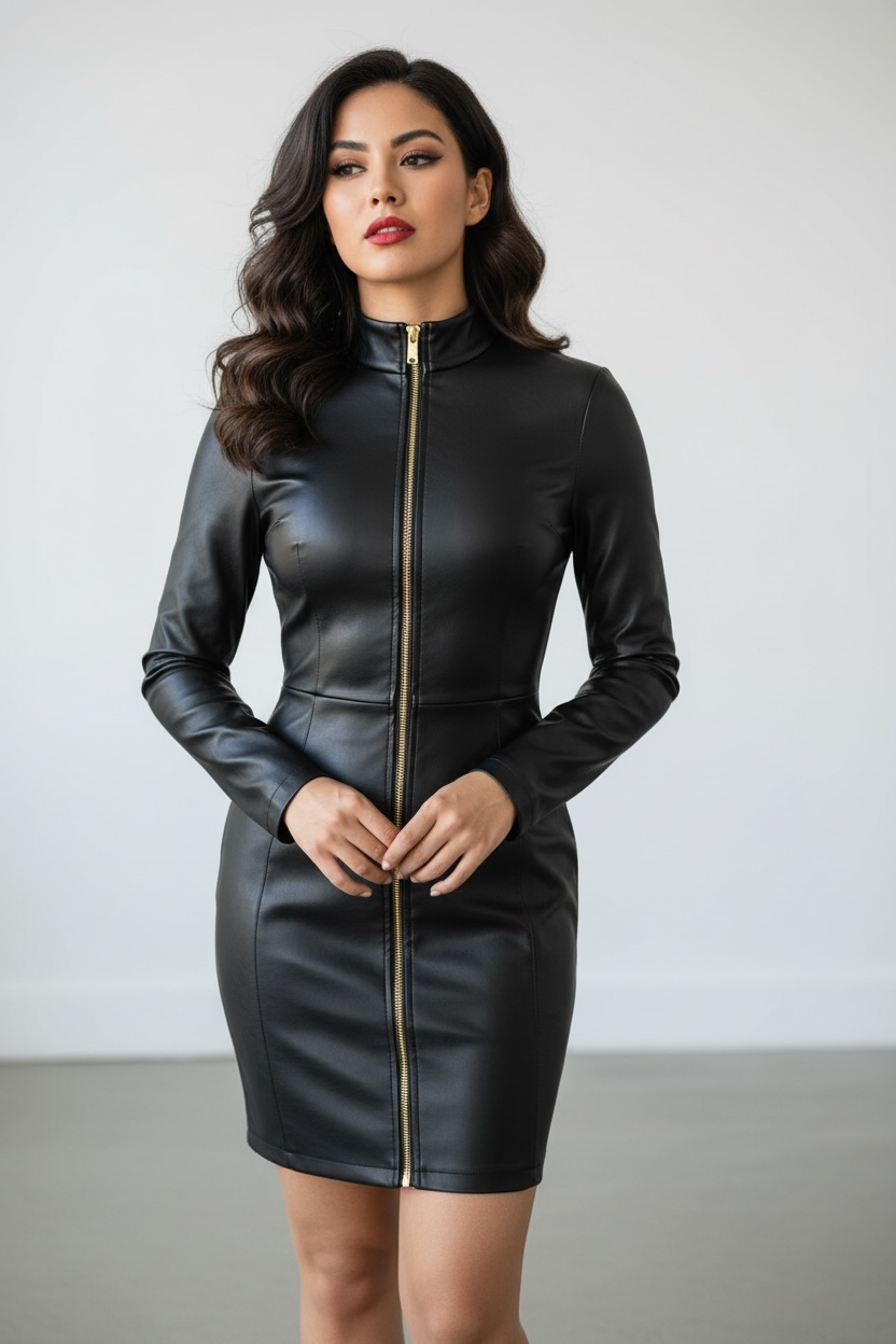 Black Faux Leather Zip-Front Bodycon Dress with High Neck & Long Sleeves