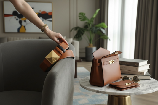 Luxury Brown Leather Belt with Gold Geometric Buckle | Women’s Statement Waist Belt