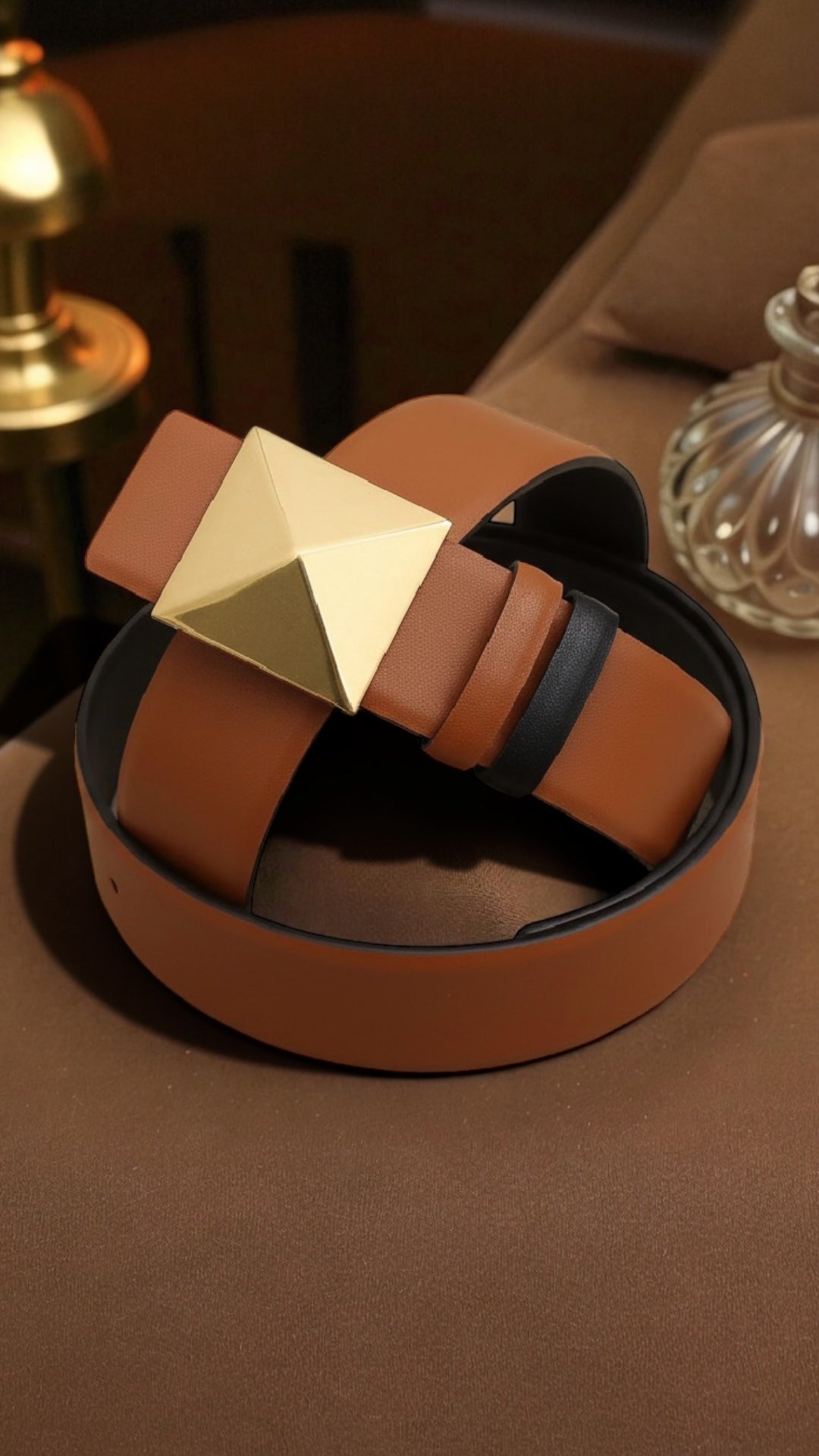 Luxury Brown Leather Belt with Gold Geometric Buckle | Women’s Statement Waist Belt