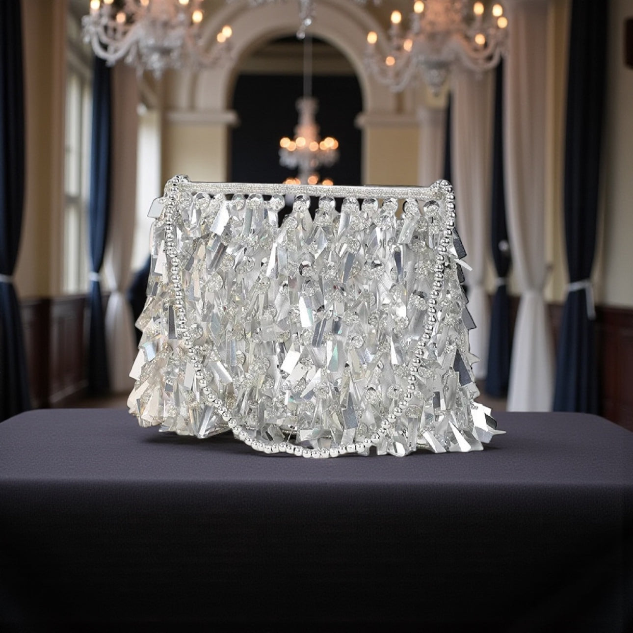 Vintage Silver Hand Bag/Beading Sequined Bag/Clutch Purse Versatile Handbags With Beaded Handle Chain Shoulder Bag.